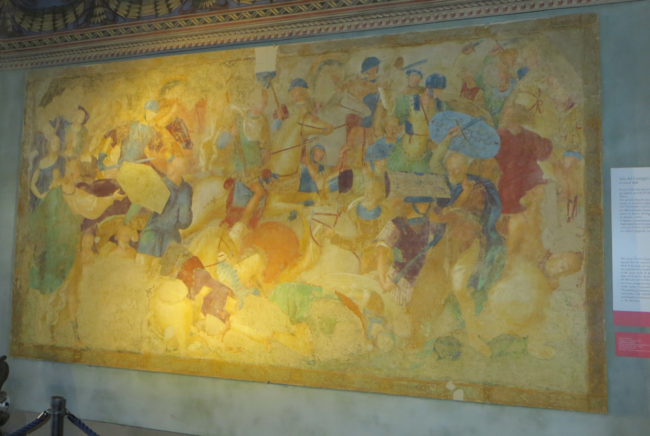 Battaglia dei Romani contro i Sabini, scena di battaglia (dipinto) di Aspertini Amico (cerchia) (fine sec. XV)