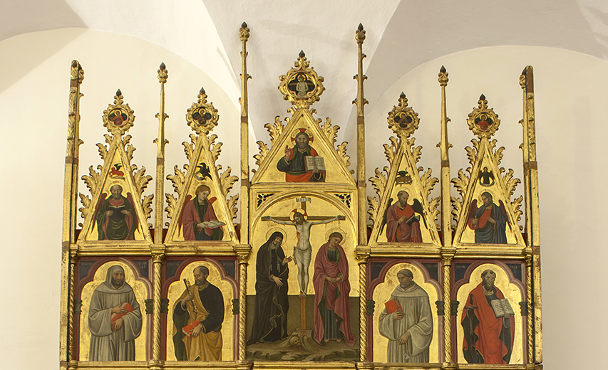 Crocifissione e santi (dipinto, elemento d'insieme) di Giovanni Antonio da Pesaro (attribuito) - ambito marchigiano (metà/ inizio secc. XV/ XVI)