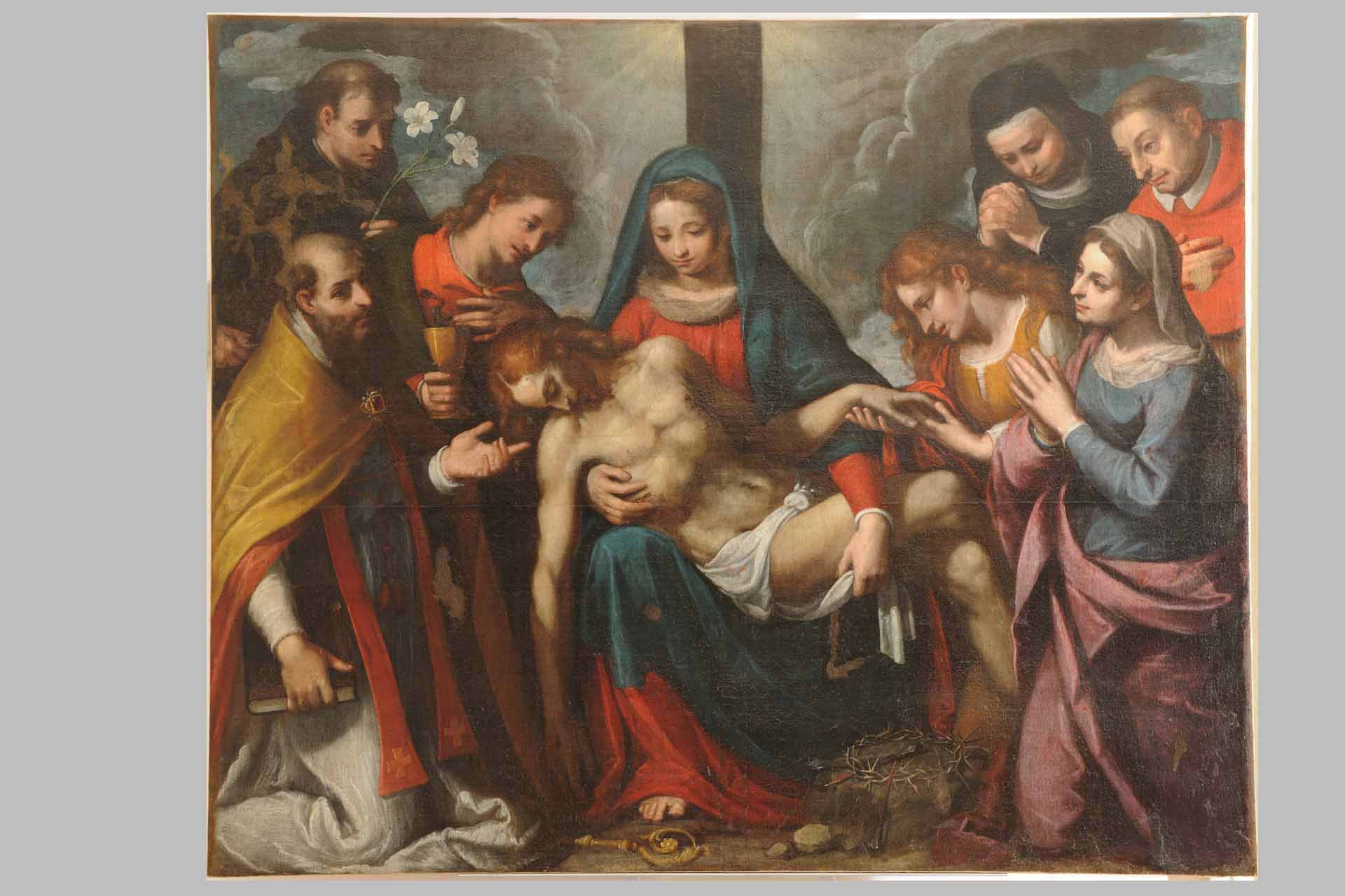 Pietà e santi (dipinto, opera isolata) di Marini Benedetto - ambito marchigiano (primo quarto sec. XVII)
