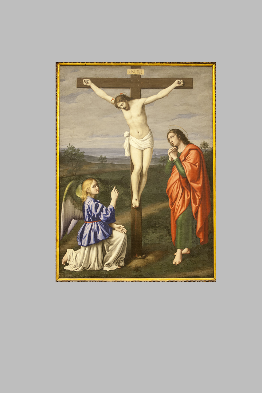 Cristo Crocifisso tra un Angelo e San Giovanni Evangelista, Crocifissione e santi (dipinto, elemento d'insieme) di Salvi Giovanni Battista - ambito marchigiano (metà sec. XVII)