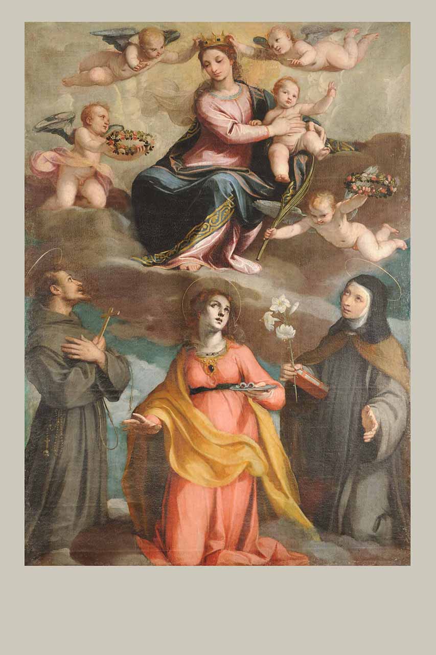 Madonna con Bambino e i Santi Francesco, Lucia e Chiara, Madonna con Bambino e santi (dipinto, opera isolata) di Ridolfi Claudio (attribuito) - ambito veneto (prima metà sec. XVII)