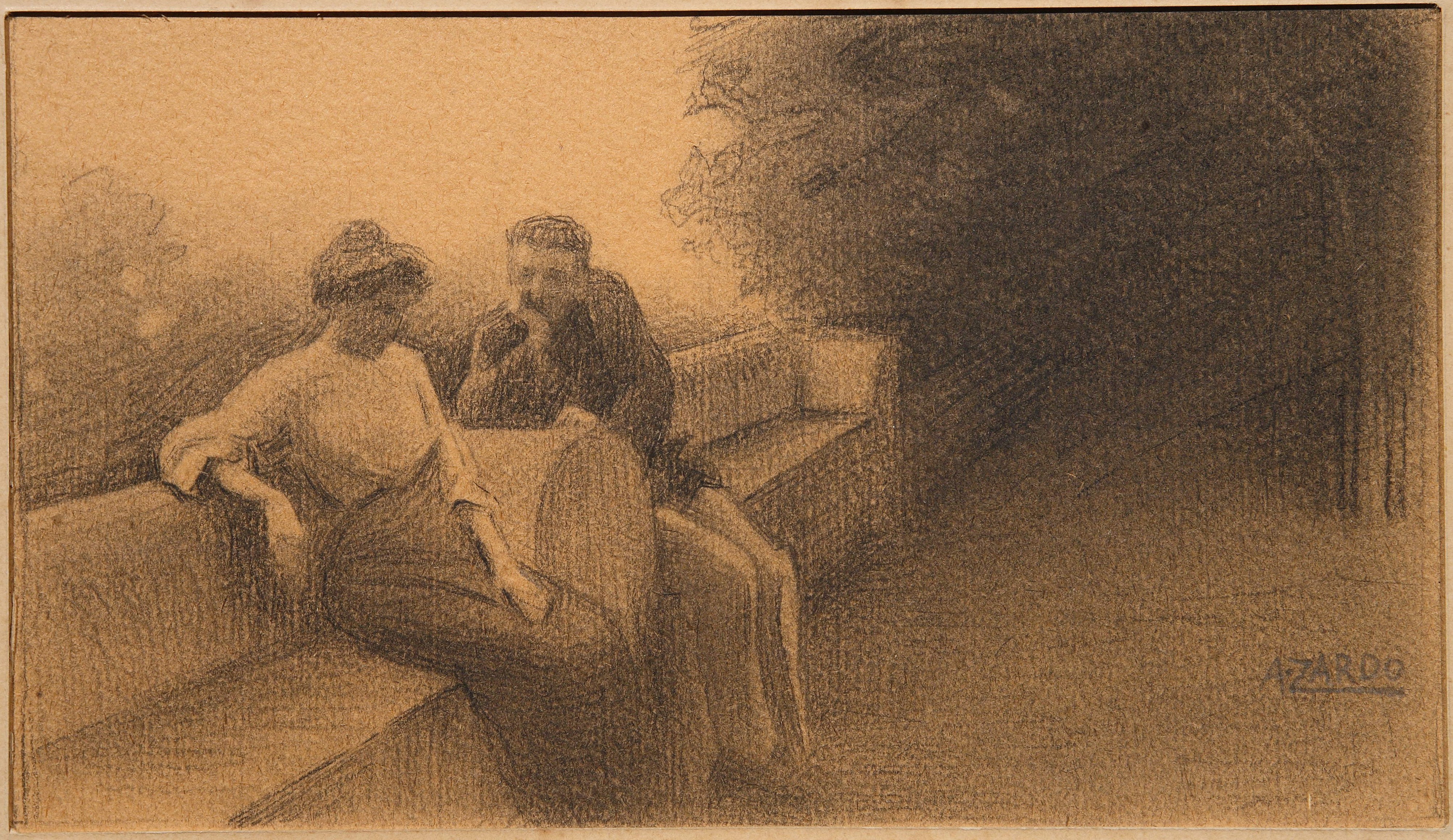 un uomo e una donna sulla panchina (disegno) di Zardo Alberto (primo quarto sec. XX)