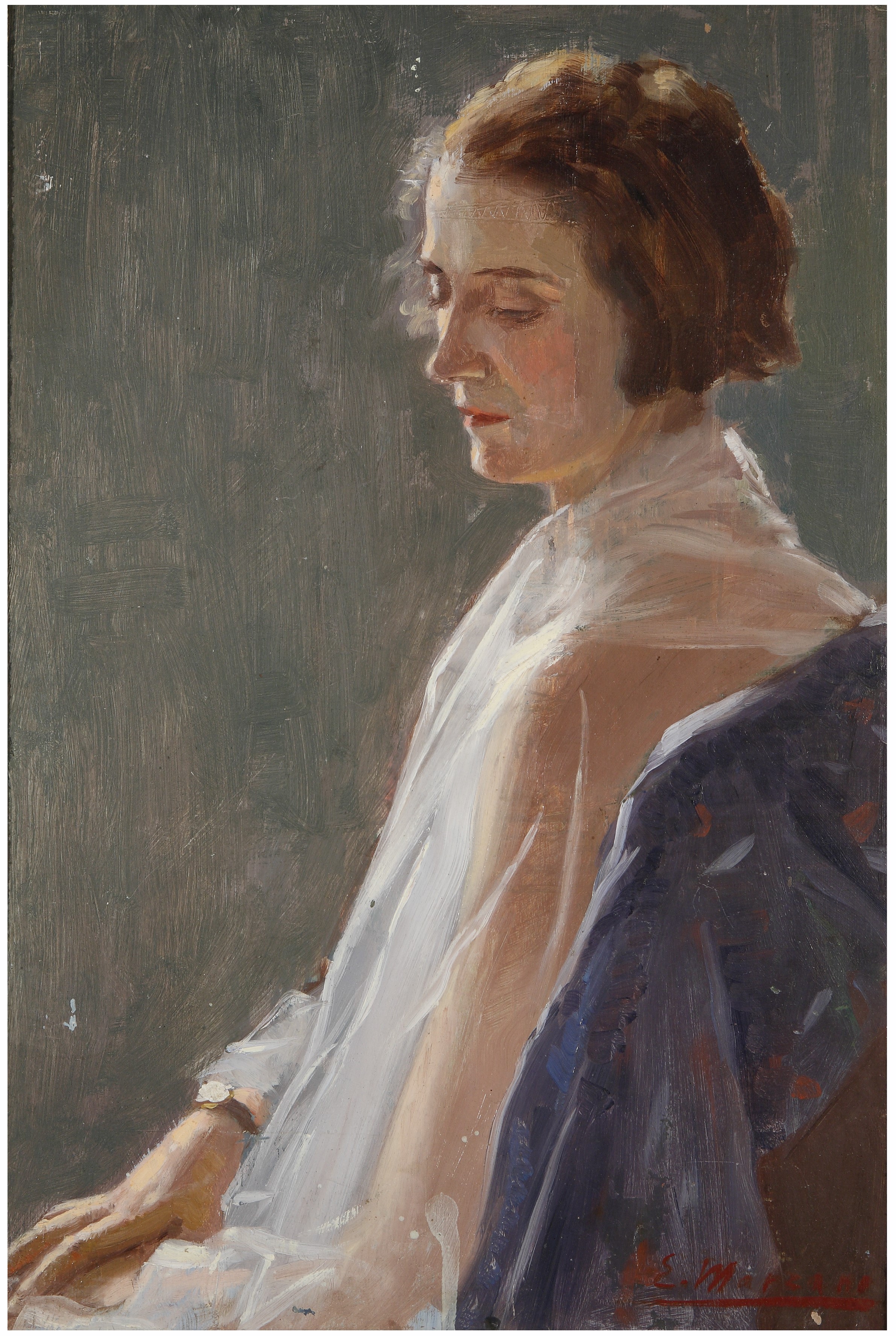 ritratto di donna seduta (dipinto) di Marzano Ennio (metà sec. XX)