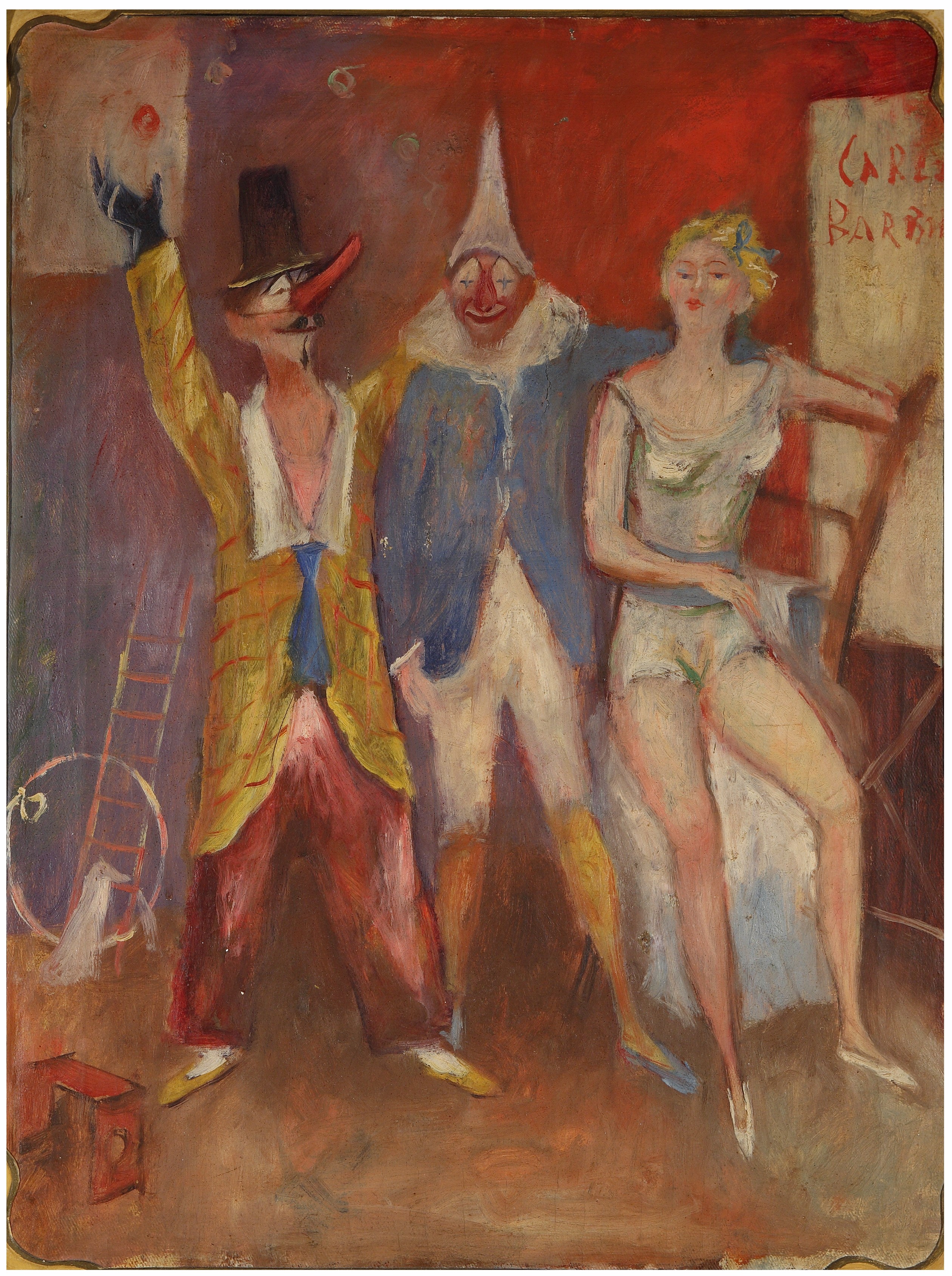 tre clown (dipinto) di Barbieri Carlo (sec. XX)
