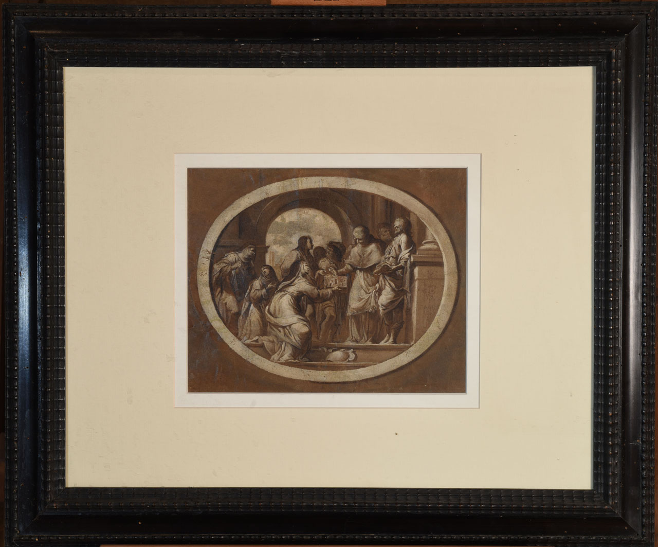 Emilia Pannocchieschi d'Elci presenta la vescovo di Siena il progetto del monastero di Santa Marta da lei fondato (disegno) di Manetti Domenico (sec. XVII)