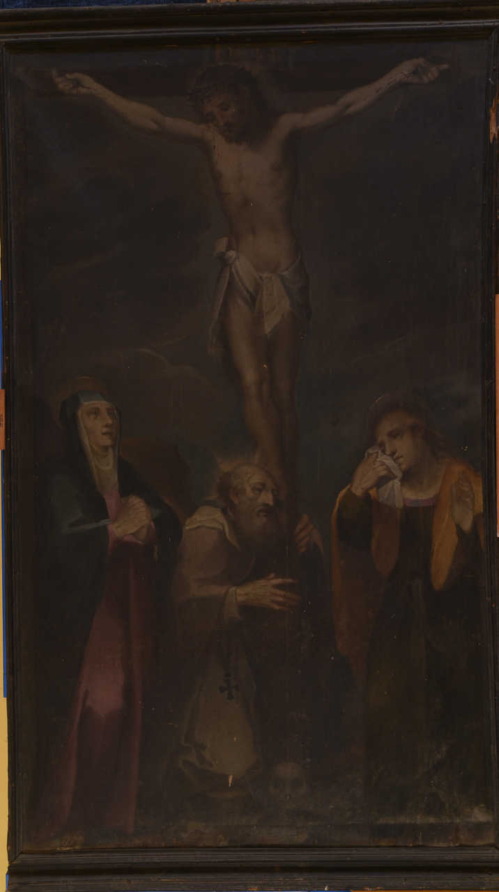 Cristo crocifisso con la Madonna e San Giovanni Evangelista (dipinto) di Pisani Giovan Paolo (secc. XVI/ XVII)