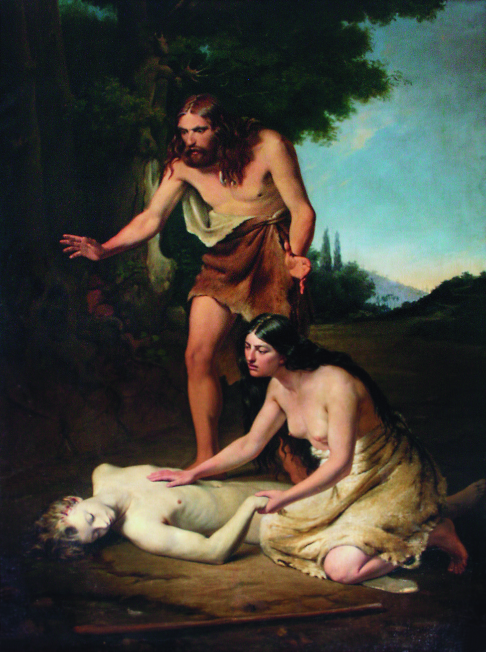 Adamo e Eva trovano Abele estinto, Adamo e Eva piangono la morte di Abele (dipinto) di Bandini Enrico (sec. XIX)