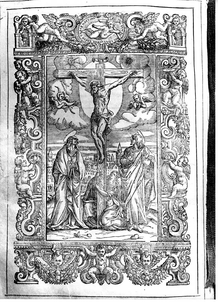 Cristo crocifisso con la Madonna, Santa Maria Maddalena e San Giovanni Evangelista (stampa) - ambito italiano (sec. XVII)