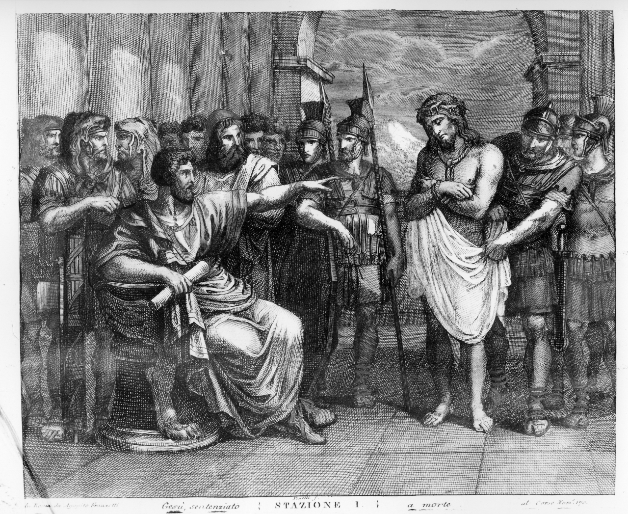 stazione I: Gesù condannato a morte (stampa) di Pinelli F (sec. XIX)