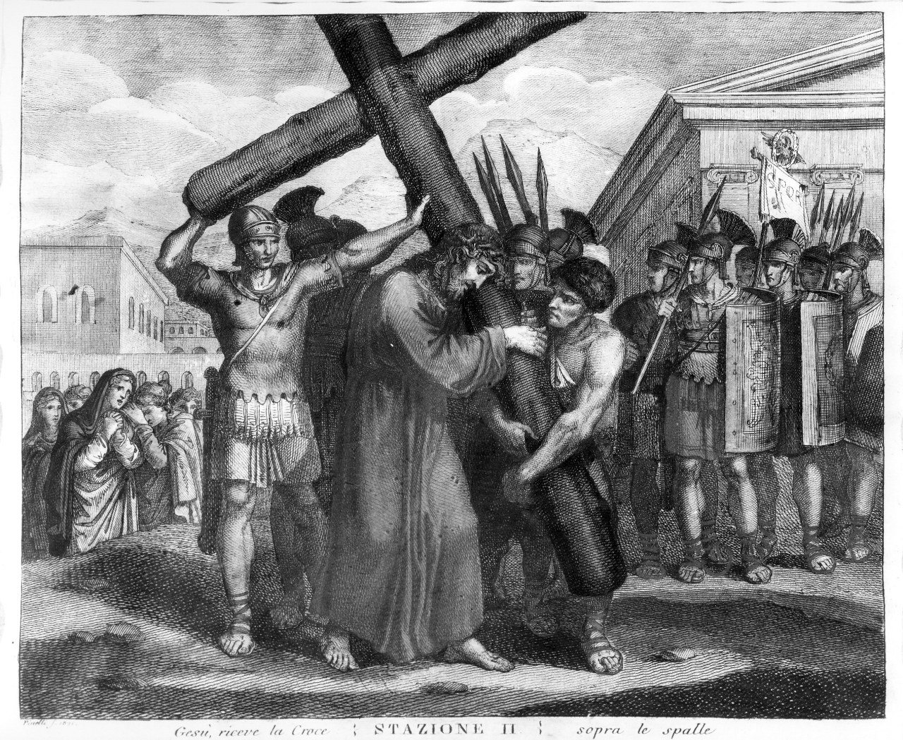 stazione II: Gesù caricato della croce (stampa) di Pinelli F (sec. XIX)