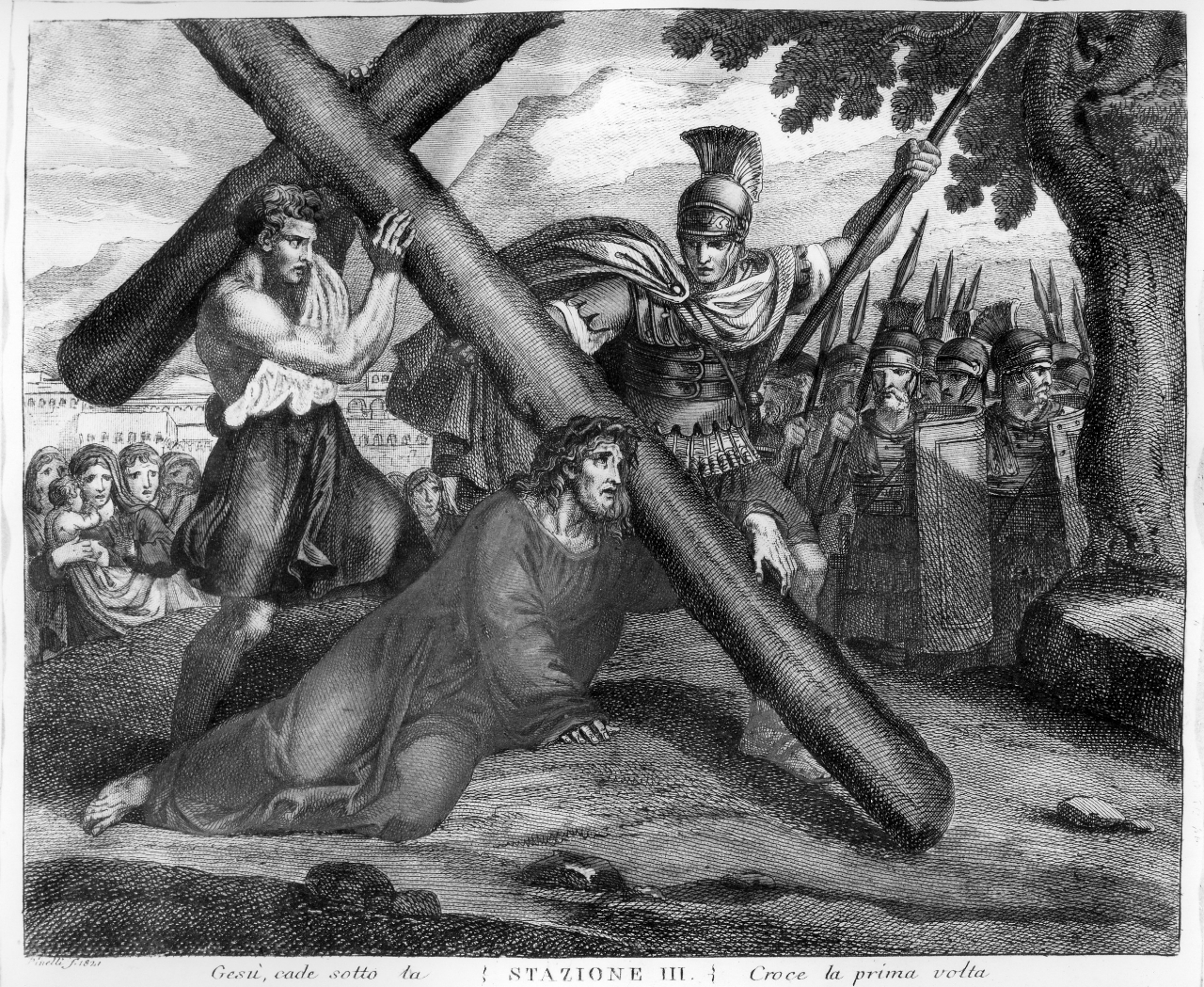stazione III: Gesù cade sotto la croce la prima volta (stampa) di Pinelli F (sec. XIX)