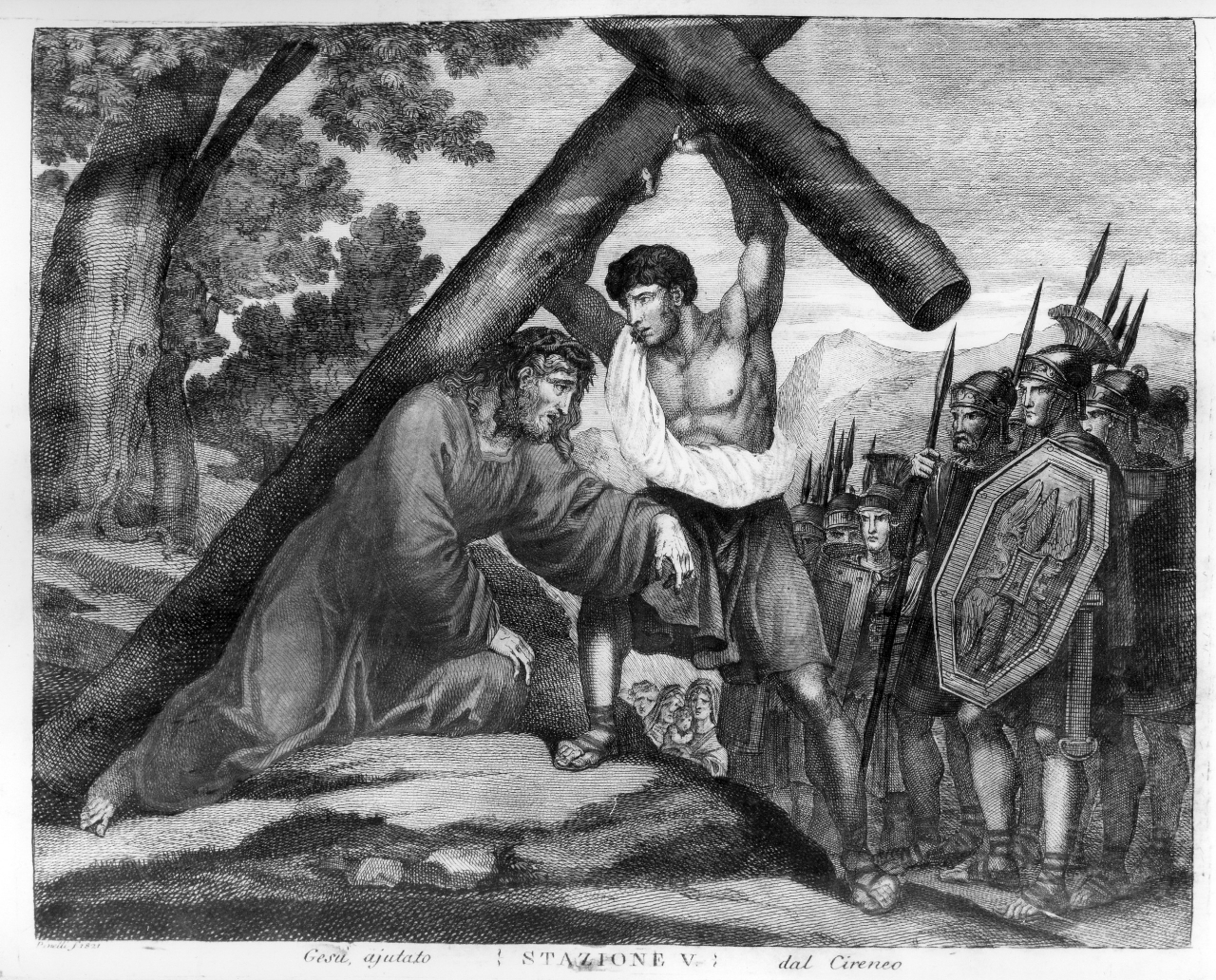 stazione V: Gesù aiutato da Simone il Cireneo a portare la croce (stampa) di Pinelli F (sec. XIX)