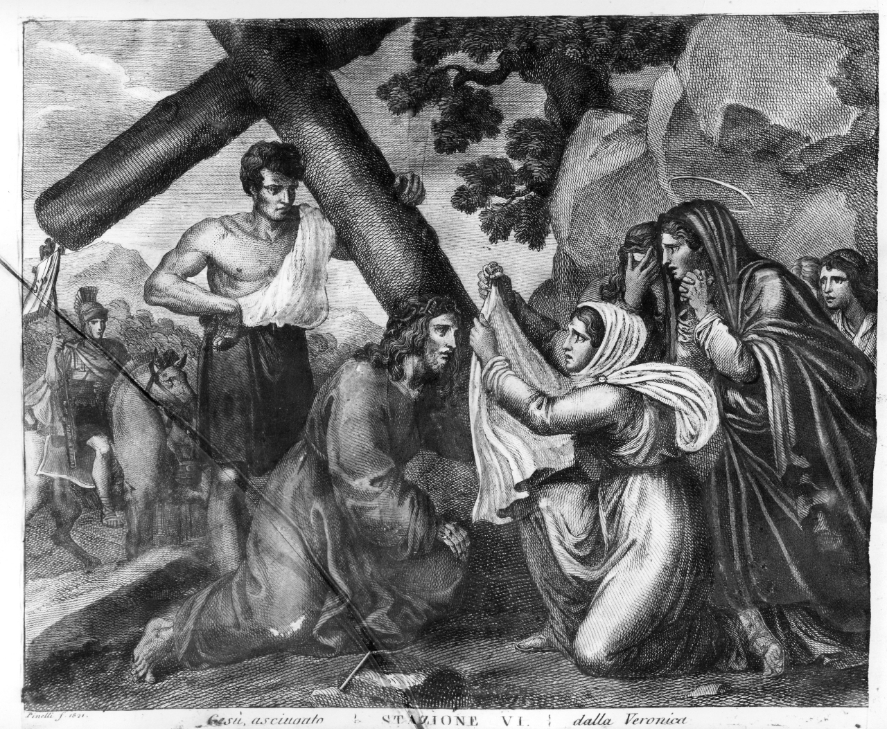stazione VI: Gesù asciugato dalla Veronica (stampa) di Pinelli F (sec. XIX)