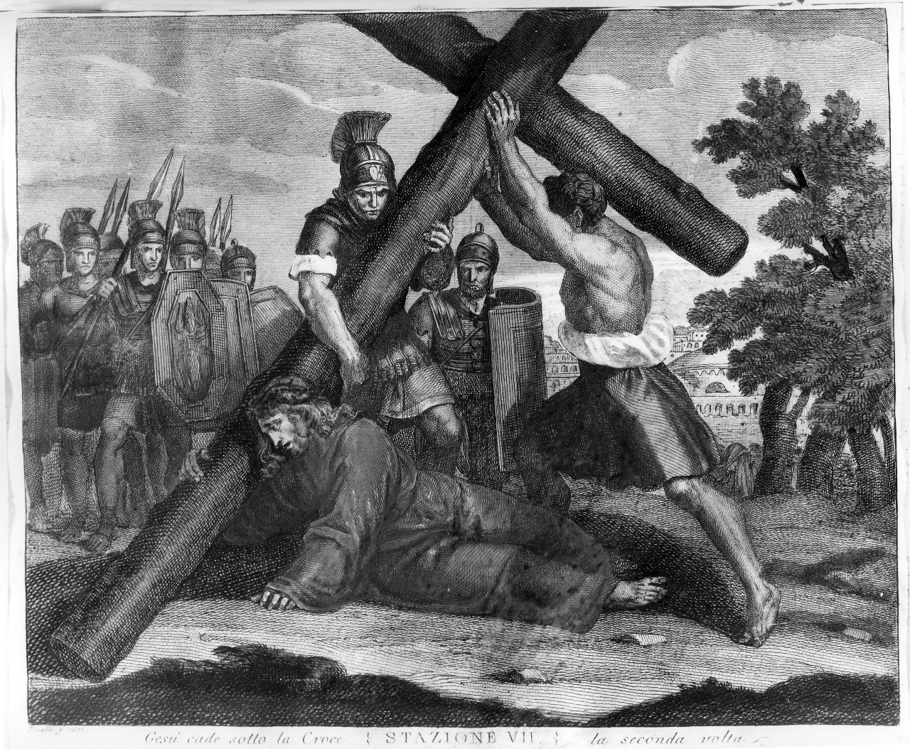 stazione VII: Gesù cade sotto la croce la seconda volta (stampa) di Pinelli F (sec. XIX)