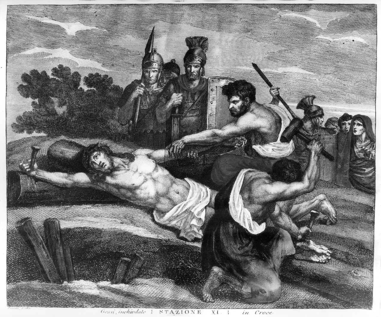 stazione XI: Gesù inchiodato alla croce (stampa) di Pinelli F (sec. XIX)