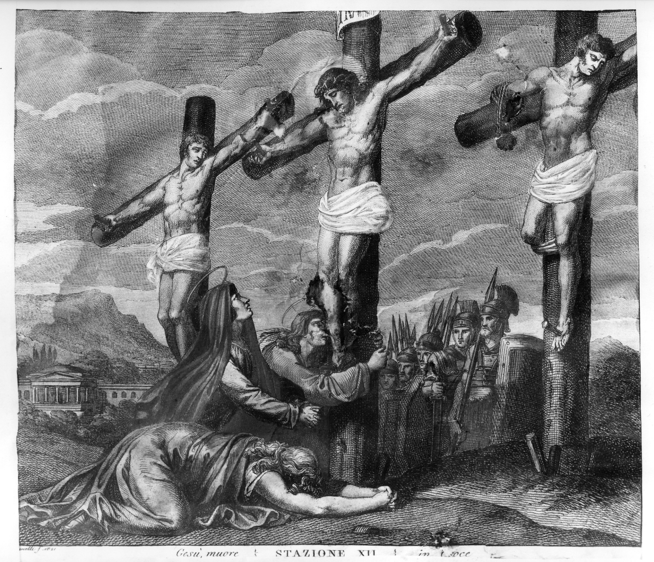 stazione XII: Gesù innalzato e morto in croce (stampa a colori) di Pinelli F (sec. XIX)