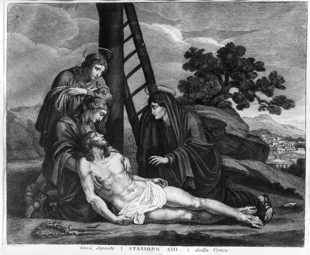 stazione XIII: Gesù deposto dalla croce (stampa) di Pinelli F (sec. XIX)
