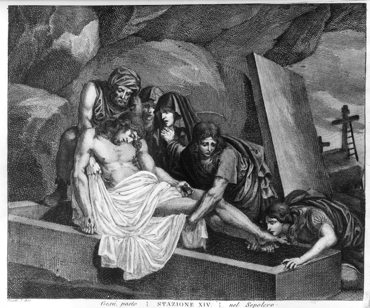 stazione XIV: Gesù deposto nel sepolcro (stampa) di Pinelli F (sec. XIX)