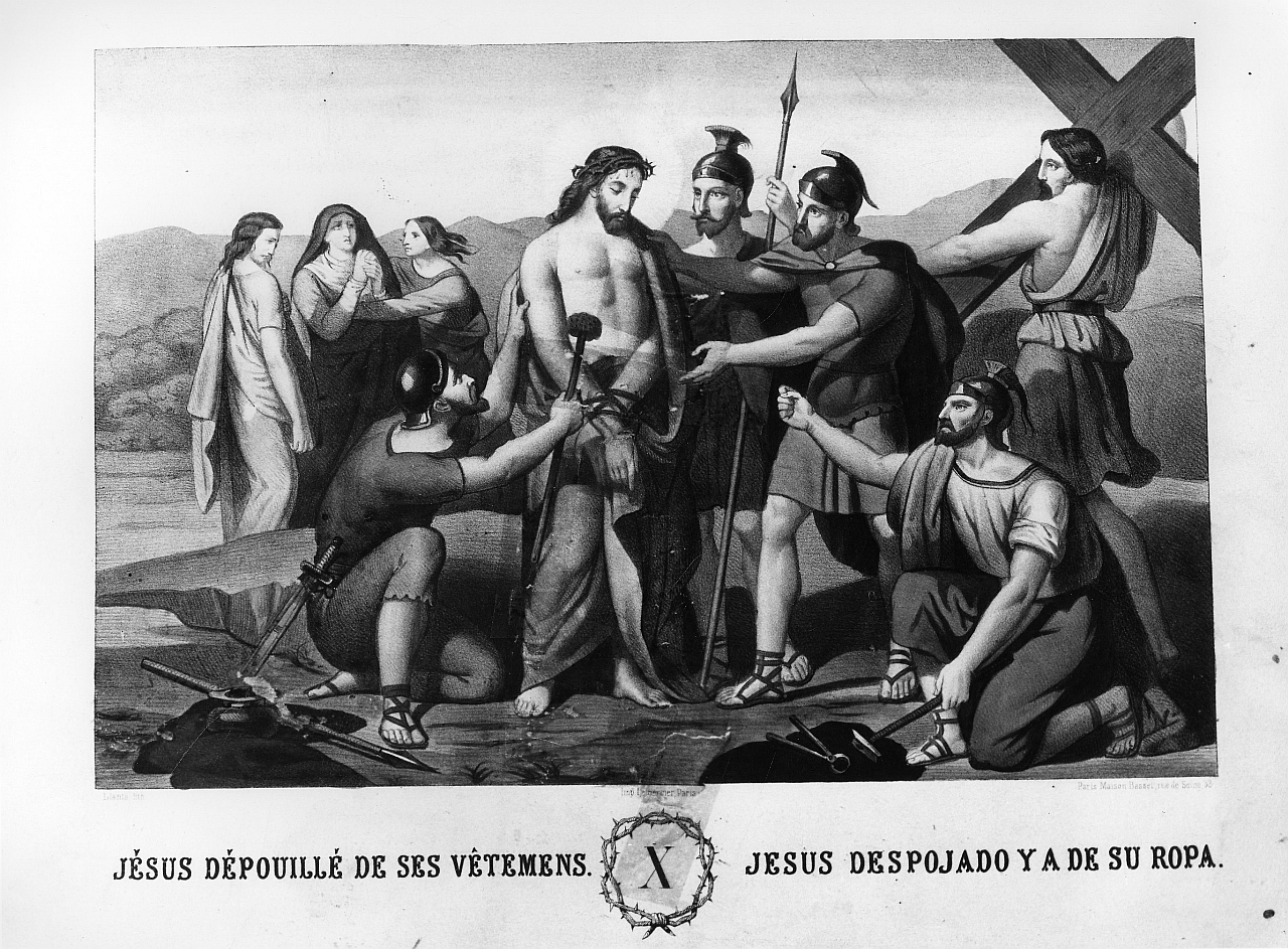 stazione X: Gesù spogliato e abbeverato di fiele (stampa a colori) di Llanta Jacques François Gaudérique (sec. XIX)