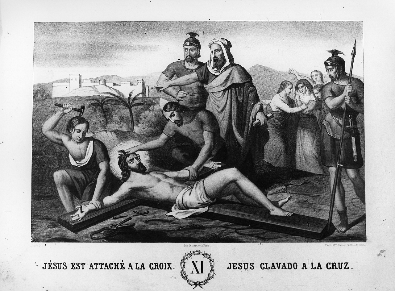 stazione XI: Gesù inchiodato alla croce (stampa a colori) di Llanta Jacques François Gaudérique (sec. XIX)