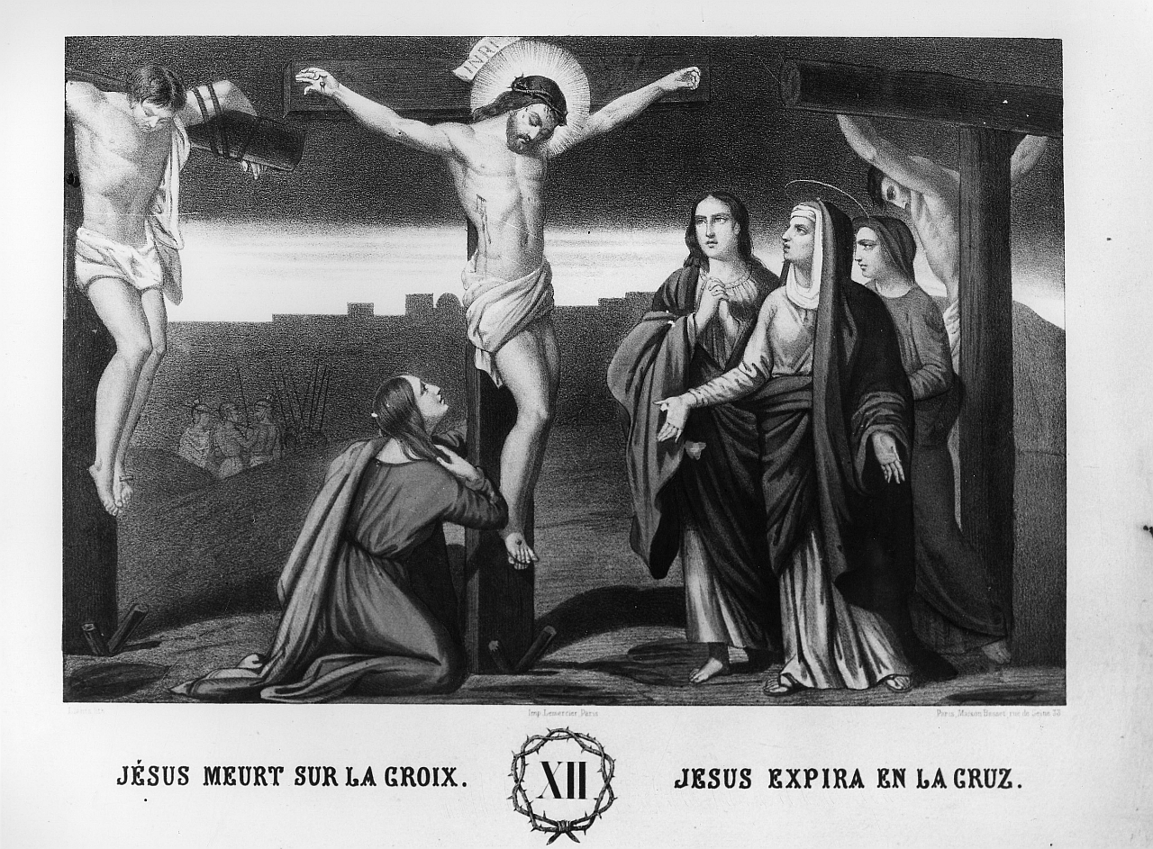 stazione XII: Gesù innalzato e morto in croce (stampa a colori) di Llanta Jacques François Gaudérique (sec. XIX)
