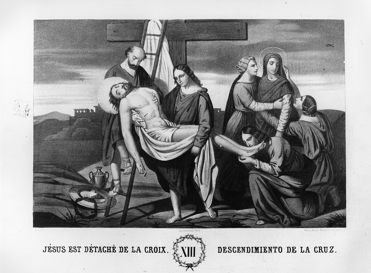 stazione XIII: Gesù deposto dalla croce (stampa a colori) di Llanta Jacques François Gaudérique (sec. XIX)