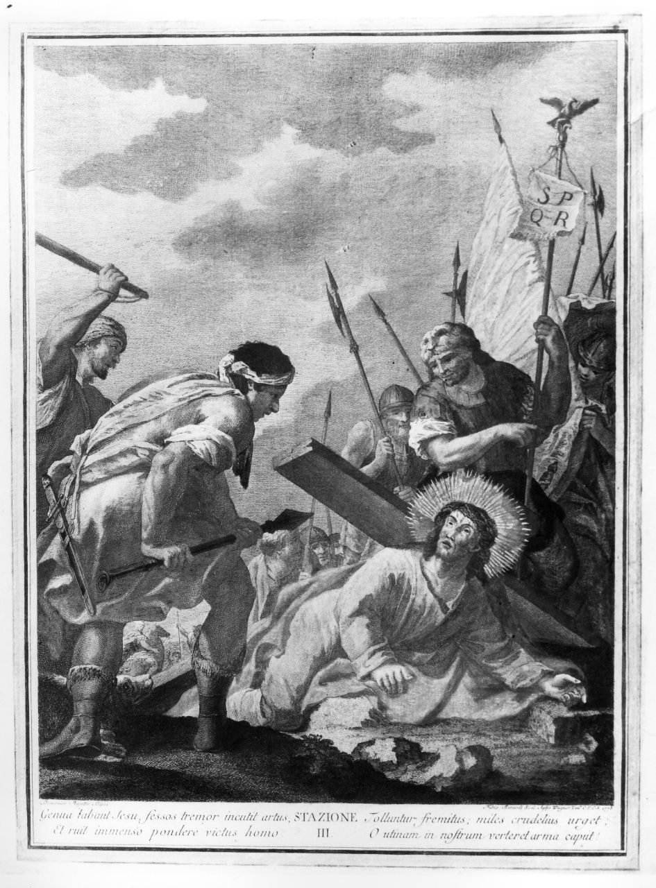stazione III: Gesù cade sotto la croce la prima volta (stampa a colori) di Berardi Fabio, Mazzotto Domenico (sec. XVIII)