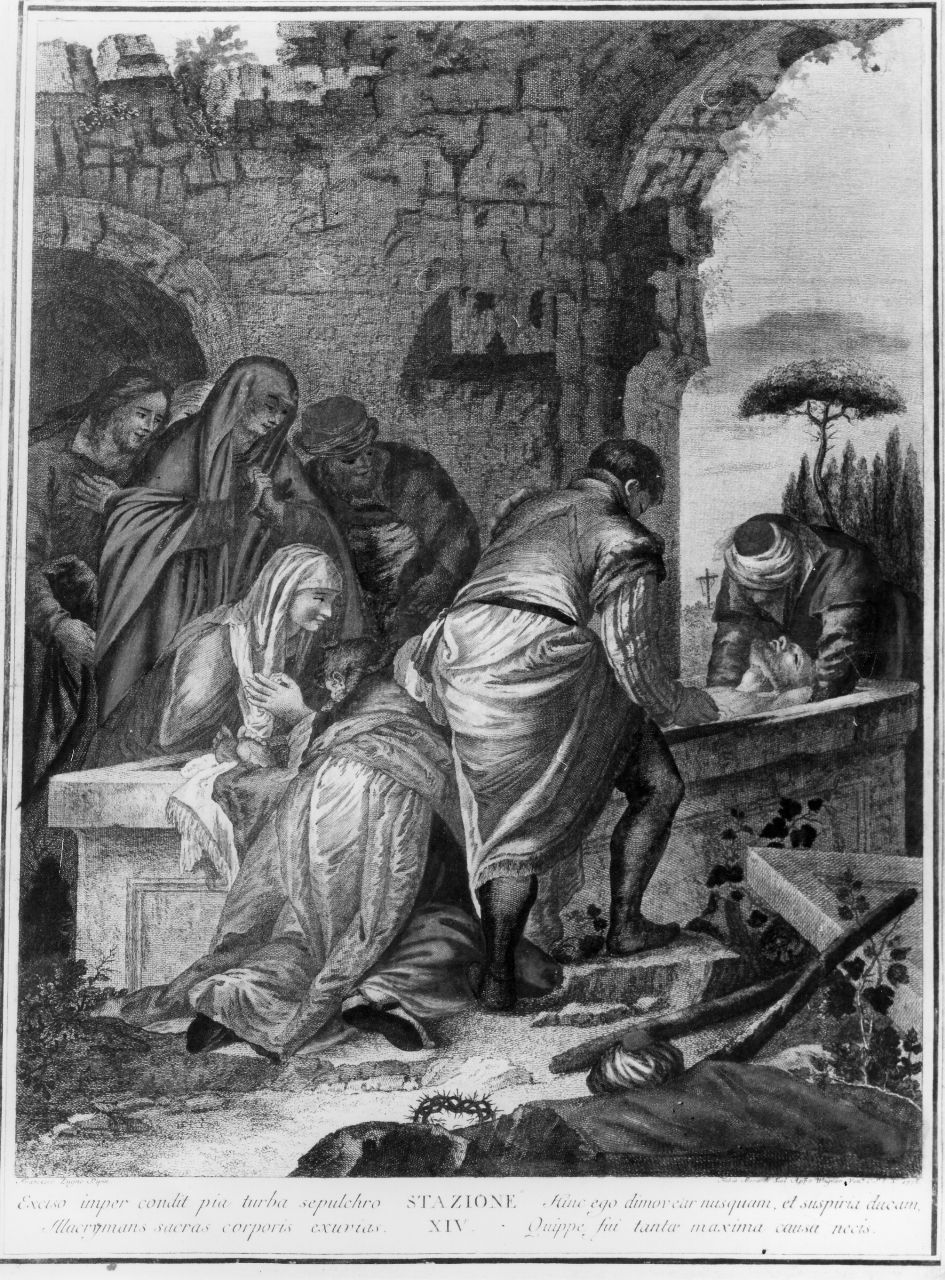 stazione XIV: Gesù deposto nel sepolcro (stampa a colori) di Berardi Fabio, Lungo Francesco (sec. XVIII)