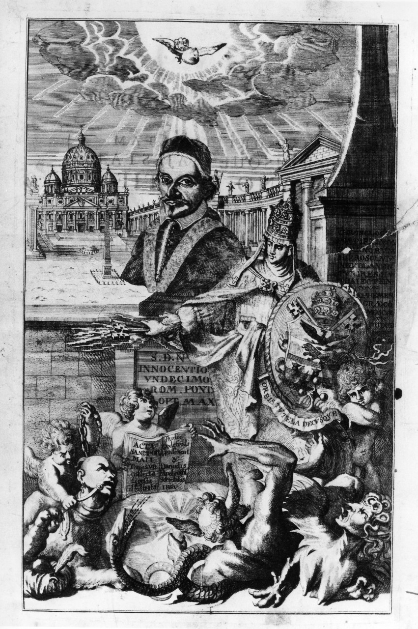 ritratto del papa Innocenzo XI, allegoria della chiesa (stampa) - ambito veneziano (sec. XVIII)