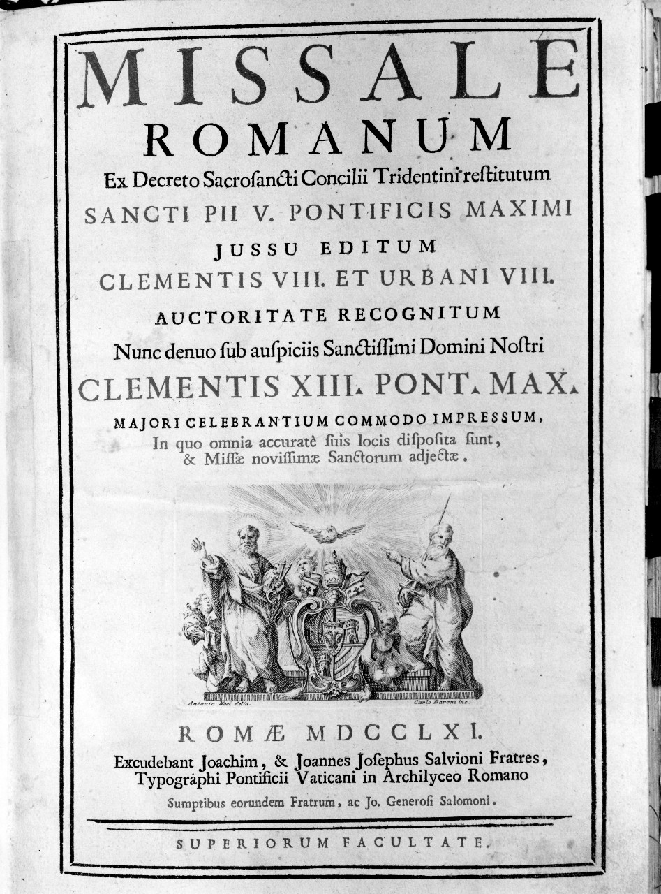 stemma papale di Clemente XIII tra San Pietro e San Paolo (stampa) di Baroni Carlo (sec. XVIII)