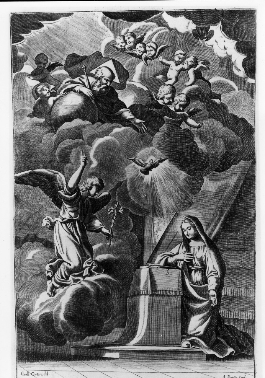 Annunciazione (stampa) di Portio Aniello, Cortese Giacomo detto Borgognone (fine sec. XVII)