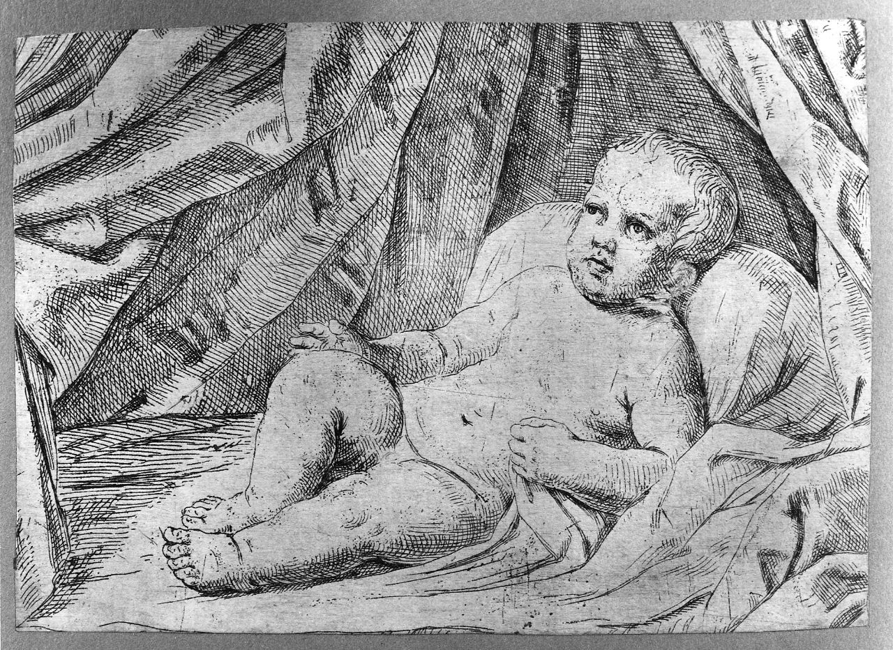 figura di fanciullo coricato (stampa tagliata) di Reni Guido (scuola) (sec. XVII)