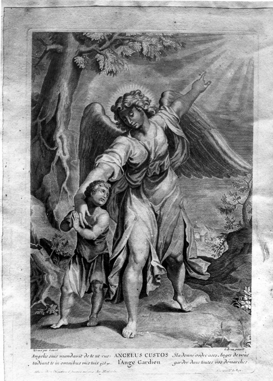 angelo custode (stampa) di Loisel L, Le Brun Charles (sec. XVIII)