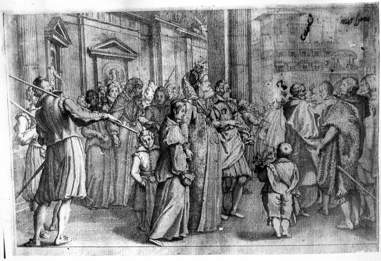 Maria Maddalena d'Austria alla processione delle fanciulle (stampa smarginata) di Callot Jacques, Rosselli Matteo (attribuito) (primo quarto sec. XVII)