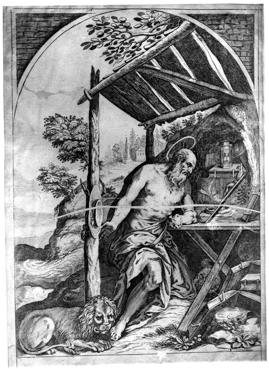 San Girolamo penitente nello studio (stampa smarginata) di Caliari Paolo detto Veronese (fine sec. XVI)