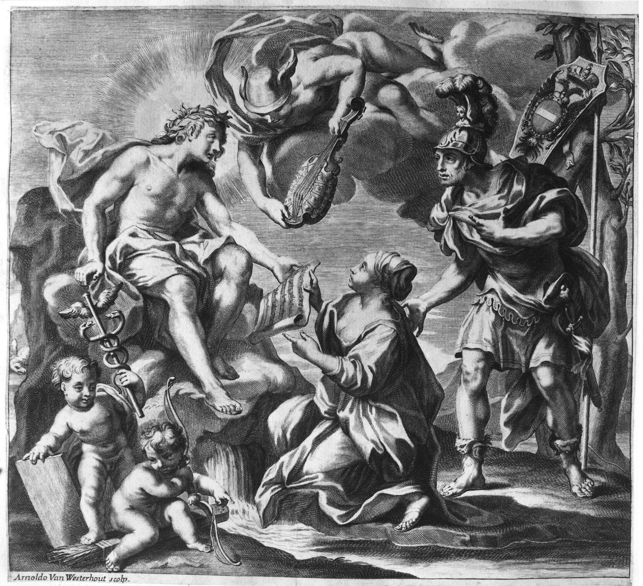 Mercurio dona la sua lira ad Apollo (stampa smarginata) di Westerhout Arnold Van (fine/ inizio secc. XVII/ XVIII)