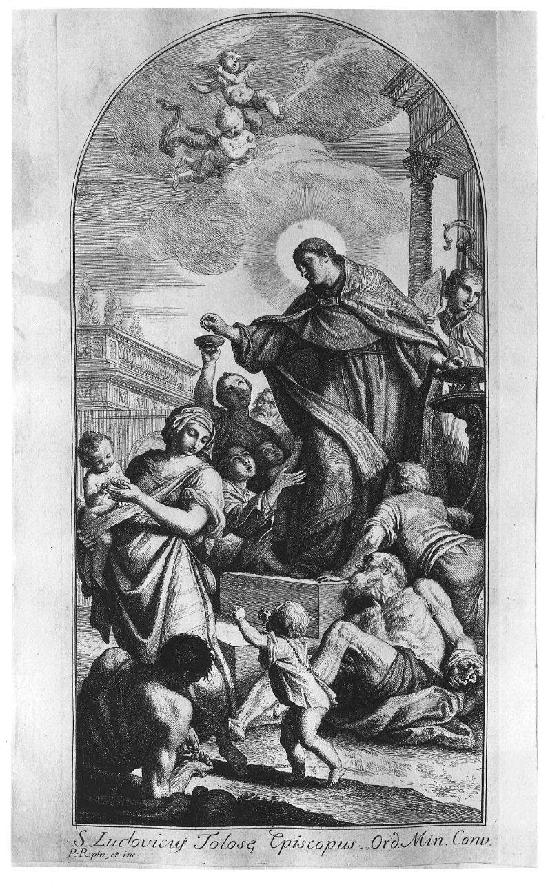 San Ludovico di Tolosa distribuisce le elemosine ai poveri (stampa) di Rotari Pietro Antonio (secondo quarto sec. XVIII)