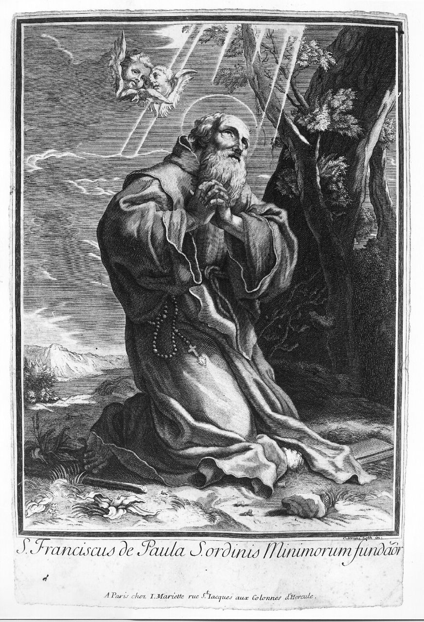 San Francesco di Paola in preghiera (stampa smarginata) di Mellin Charles (prima metà sec. XVIII)
