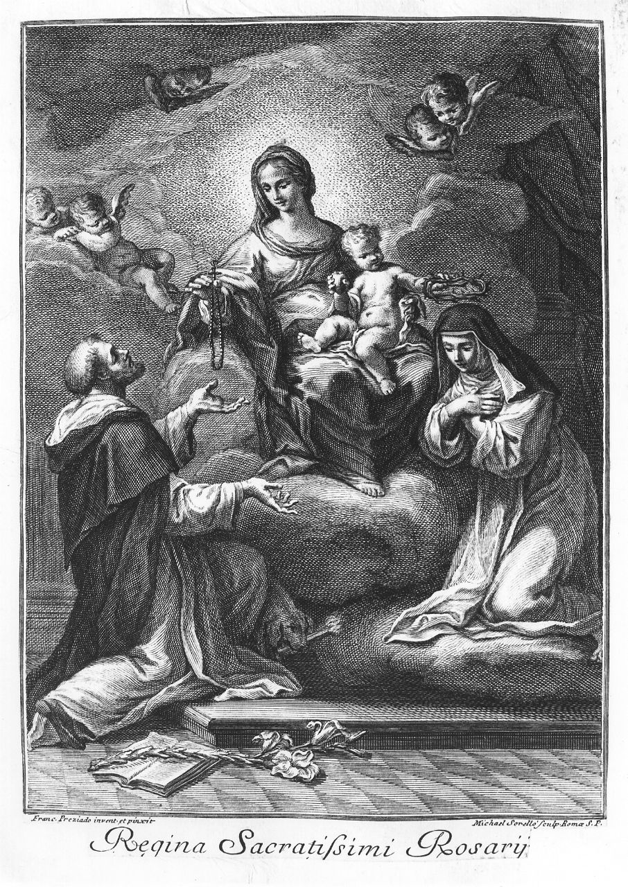 Madonna del Rosario con San Domenico e Santa Caterina da Siena (stampa tagliata) di Sorellò Michele, Preciado De La Vega Francisco (sec. XVIII)