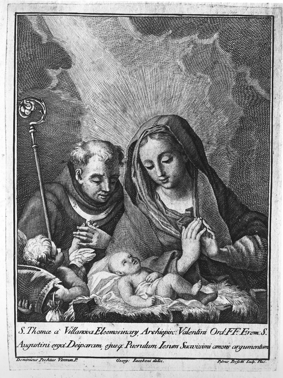 Madonna in adorazione del Bambino con San Tommaso di Villanova (stampa smarginata) di Perfetti Pietro, Iacoboni Giorgio, Pecchio Domenico (sec. XVIII)