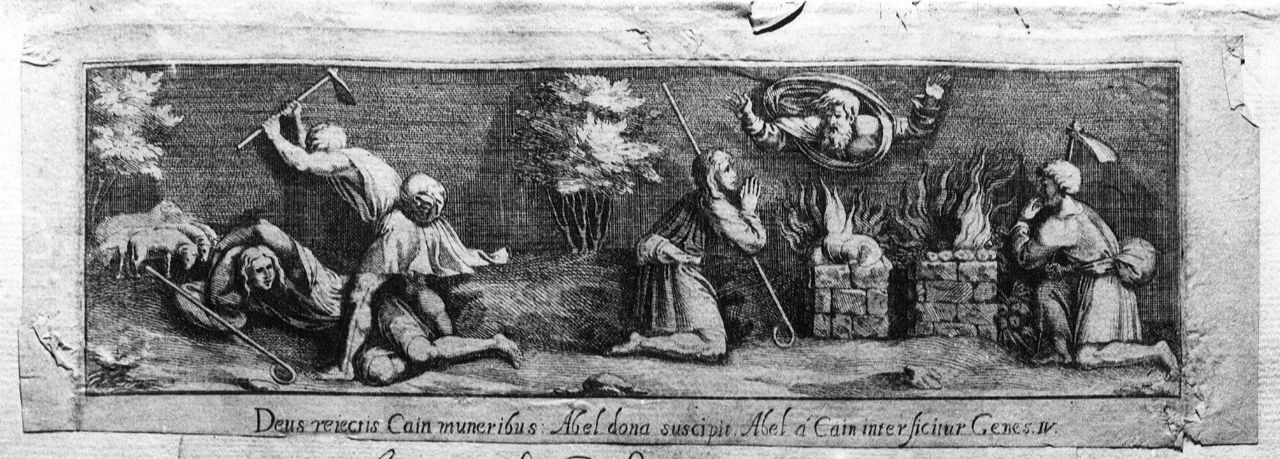 offerta di Caino, Caino uccide Abele (stampa smarginata) di Bartoli Pietro Santi, Raffaello (seconda metà sec. XVII)
