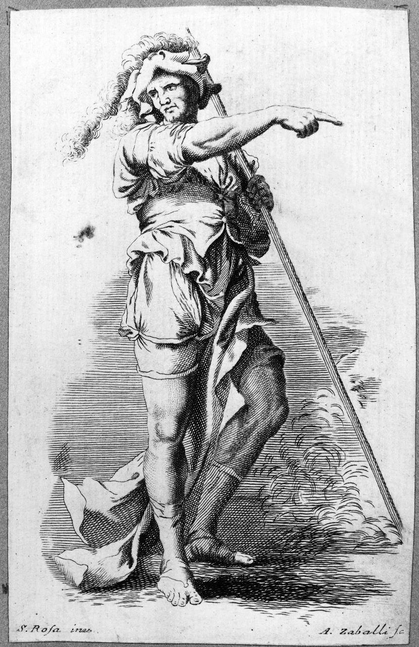 soldato in piedi con asta (stampa smarginata) di Zaballi Antonio, Rosa Salvatore (seconda metà sec. XVIII)