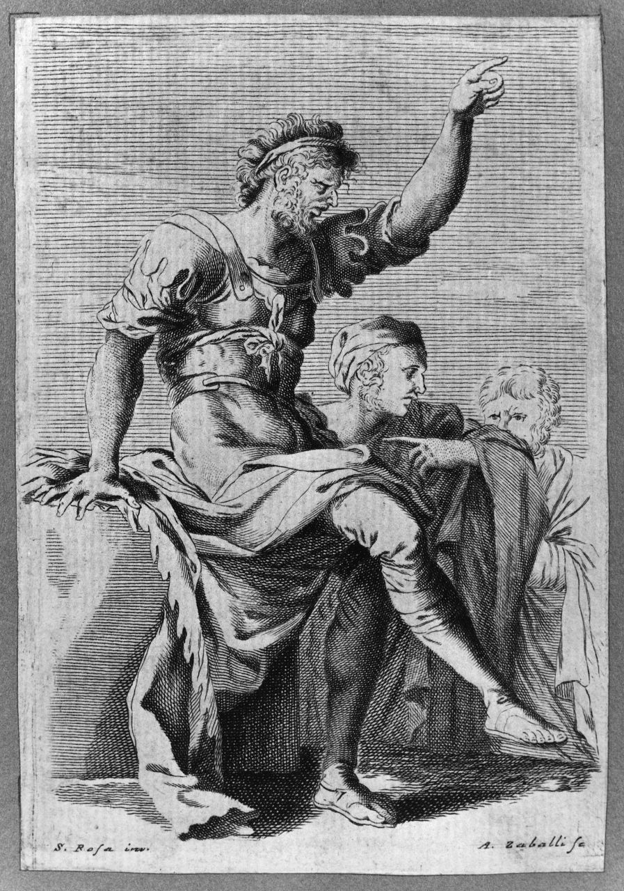 soldato seduto arringa due uomini (stampa smarginata) di Zaballi Antonio, Rosa Salvatore (sec. XVIII)