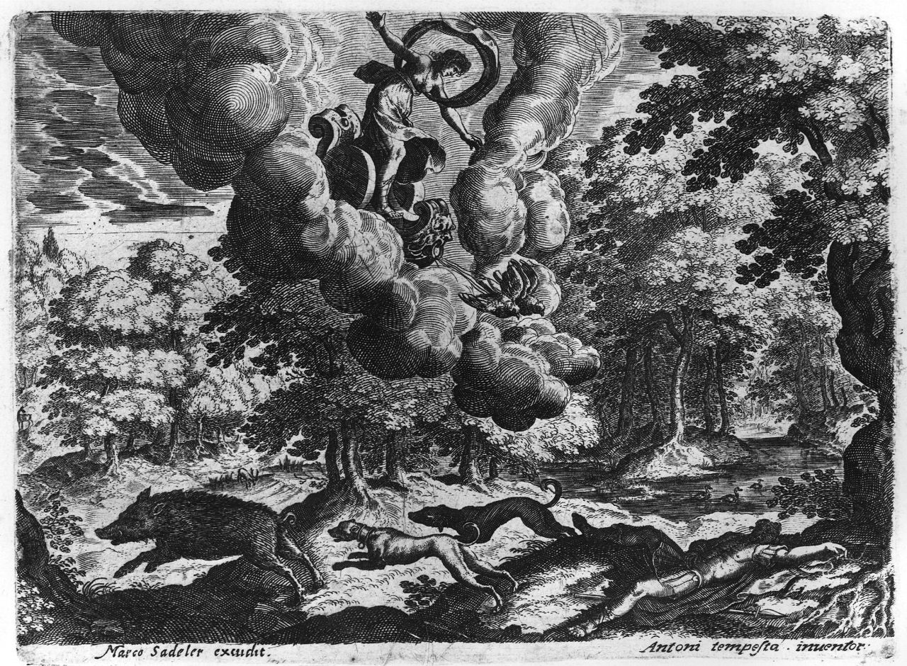 Venere piange la morte di Adone (stampa) di Tempesta Antonio, Sadeler Marcus Christoph (sec. XVII)