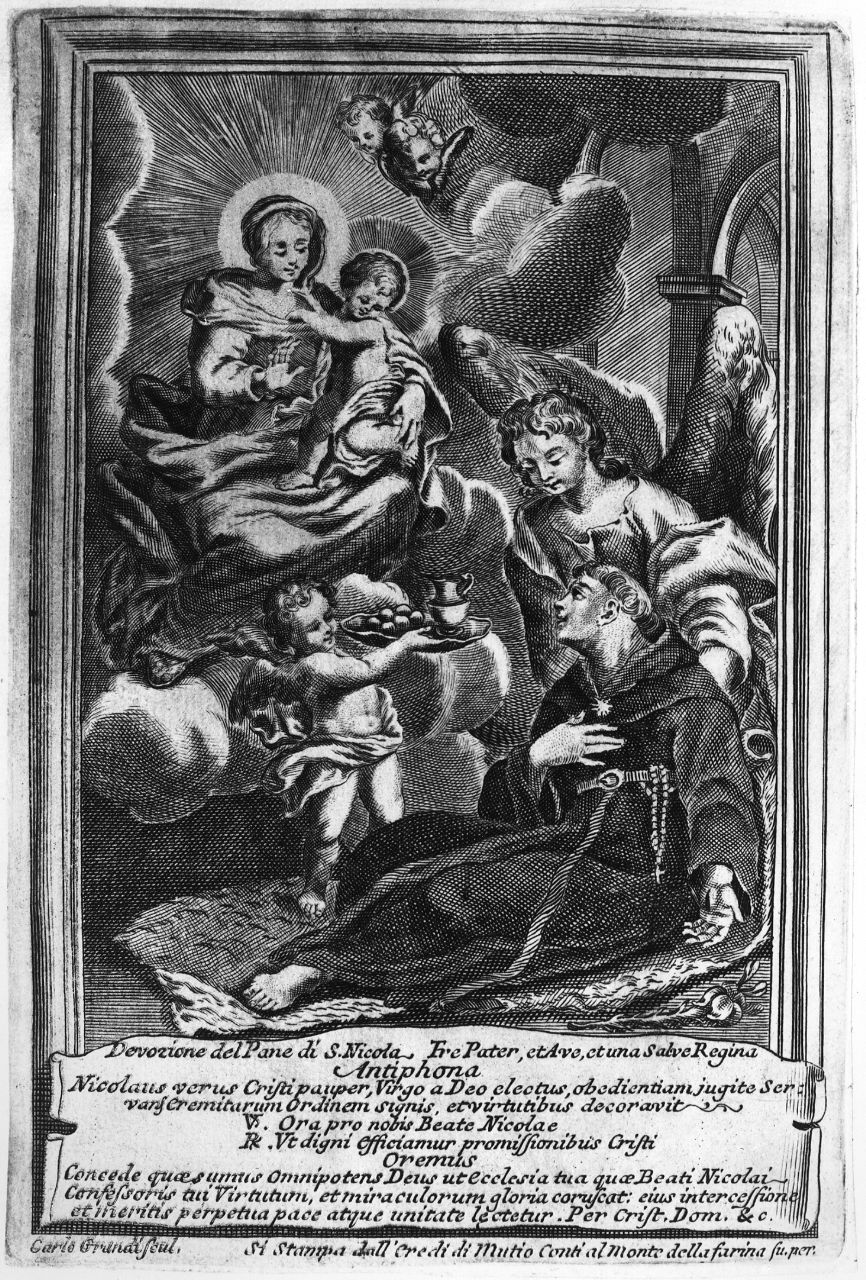 Madonna con Bambino appare a San Nicola da Tolentino (stampa smarginata) di Grundi Carlo (sec. XVIII)