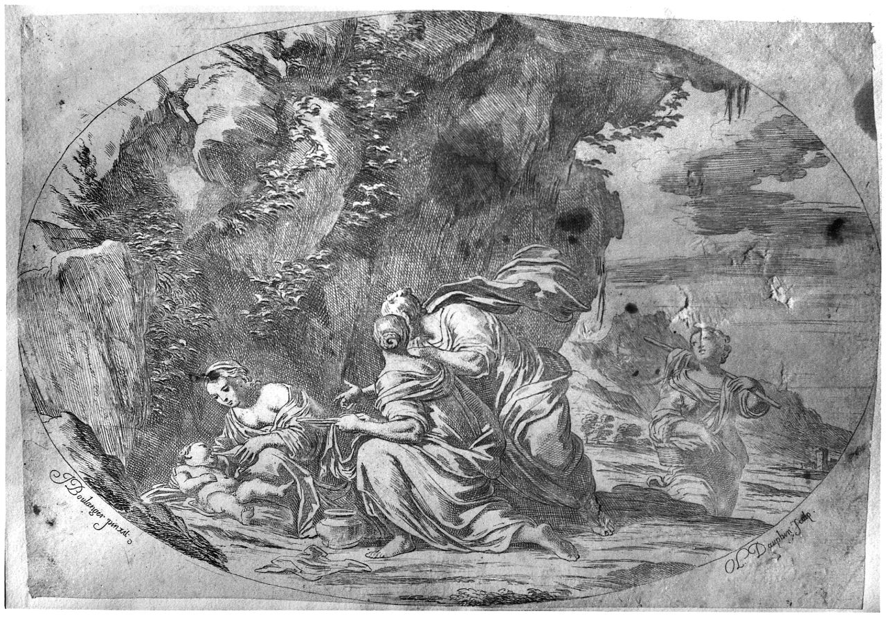 Bacco allevato dalle ninfe del monte Nisa (stampa smarginata) di Boulanger Giovanni, Dauphin Oliviero (metà sec. XVII)