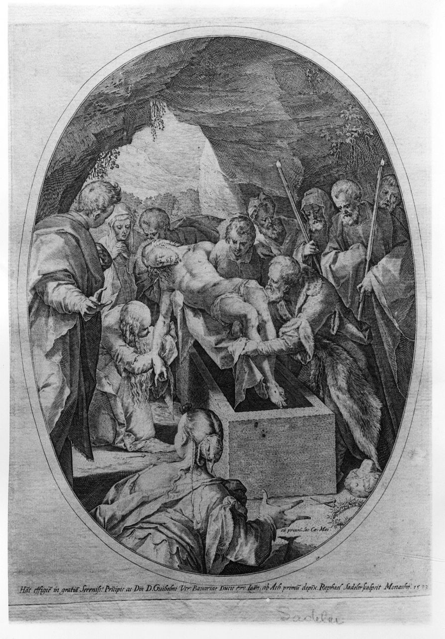 deposizione di Cristo nel sepolcro (stampa) di Aachen Johann von, Sadeler Raffaello (sec. XVI)