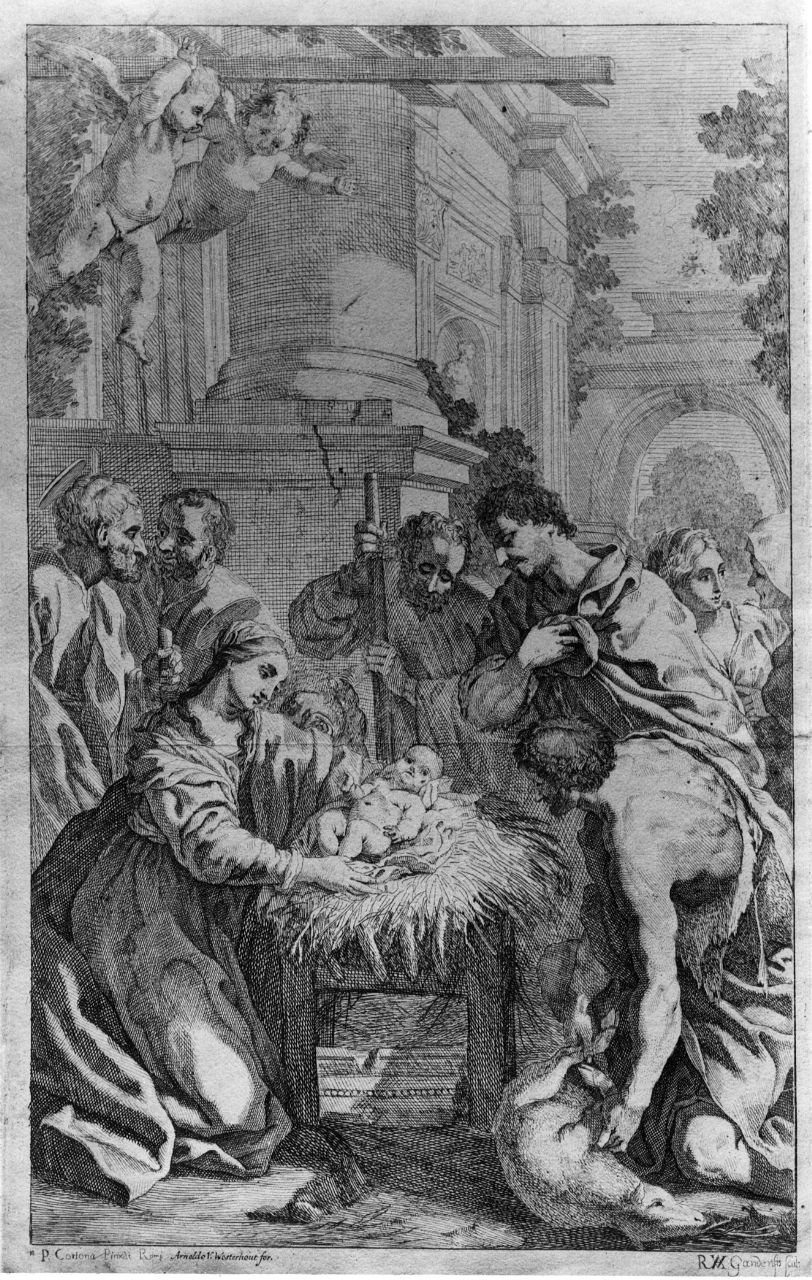 adorazione dei pastori (stampa smarginata) di Berrettini Pietro detto Pietro da Cortona, Audenaerd Robert van (secc. XVII/ XVIII)
