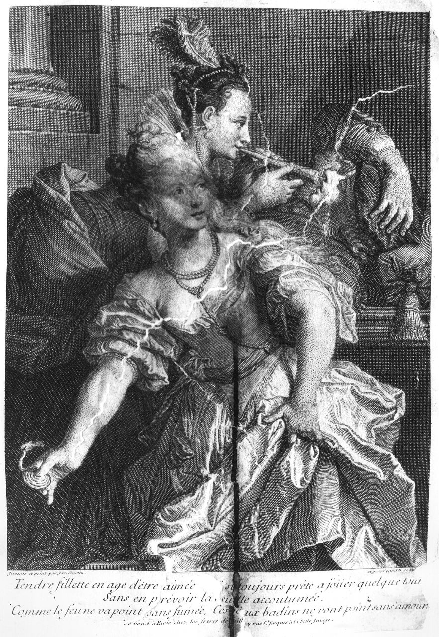 figure di giovani donne che giocano con un giovane (stampa) di Poilly Jean Baptiste de, Courtin Jacques François (primo quarto sec. XVIII)