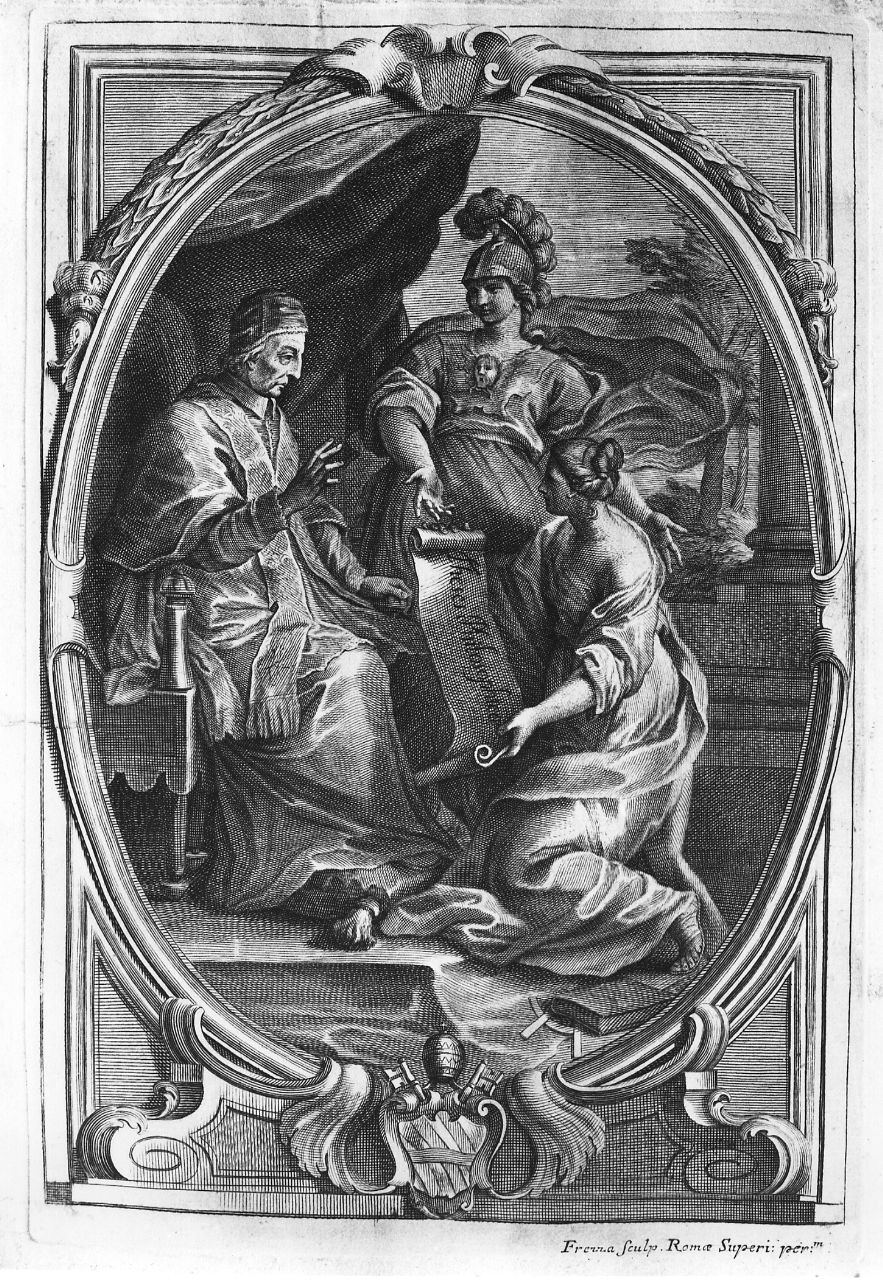 Minerva e la Filosofia davanti a papa Clemente VII (stampa) di Frezza Giovanni Girolamo (sec. XVIII)